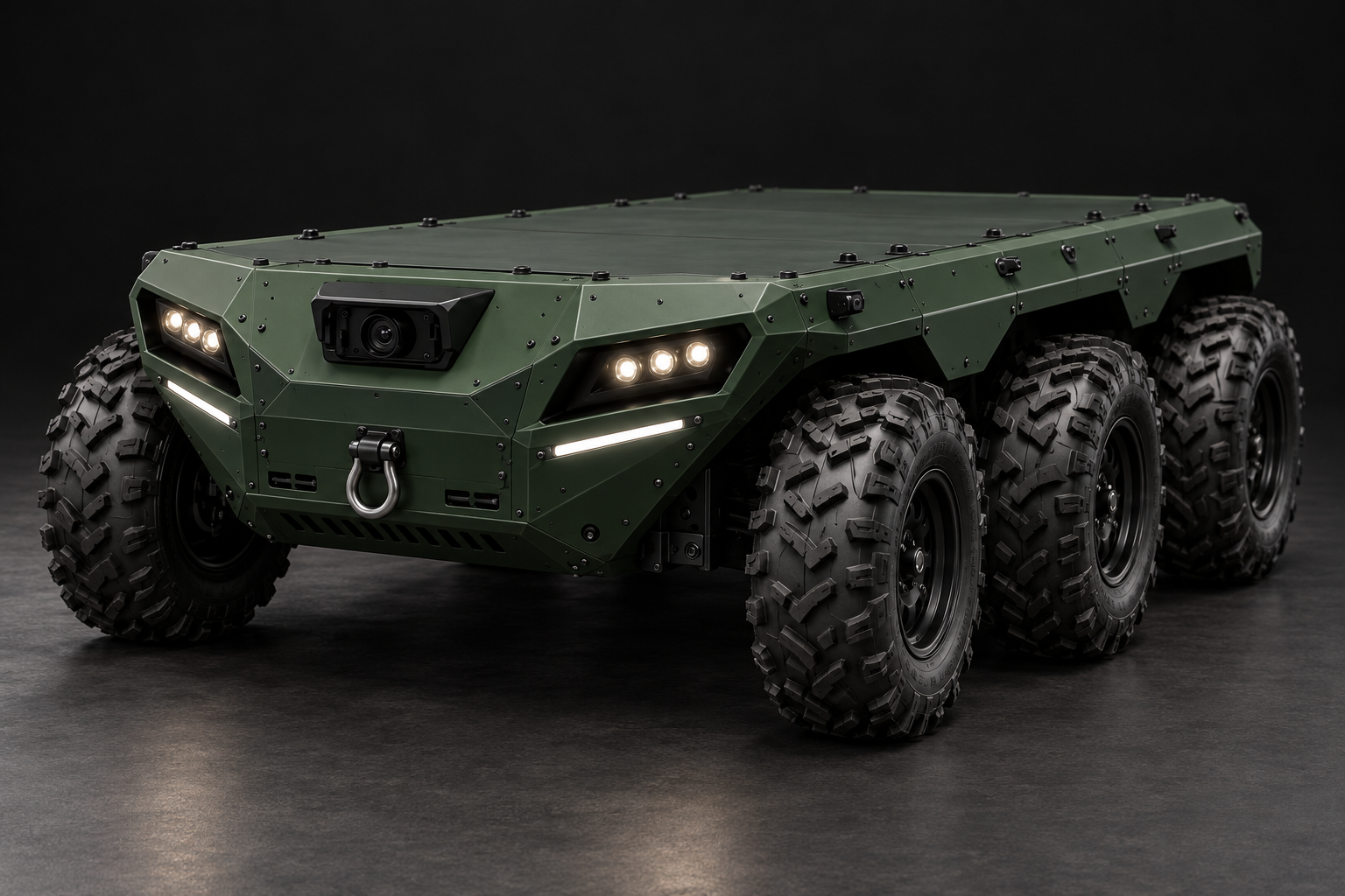 Diseño conceptual de TARVEX GX6: plataforma verde oscuro con seis ruedas todoterreno y superficie de carga plana, sin antenas ni equipos elevados